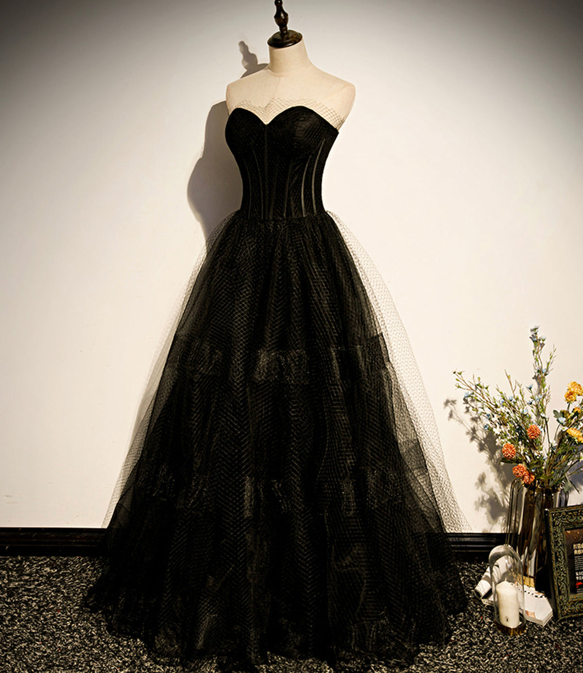 Black tulle long A line prom dress black evening dress s68 - View 2 | VelvetHem