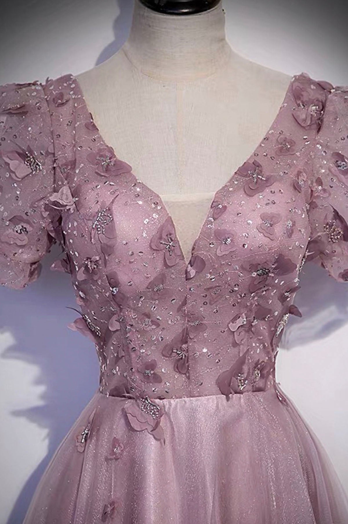 Pink tulle sequins long prom dress pink evening dress s61 - View 4 | VelvetHem