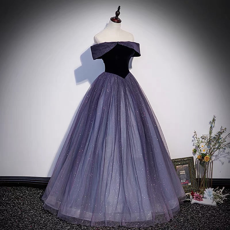 Purple tulle long prom dress A line evening gown s66 - View 3 | VelvetHem