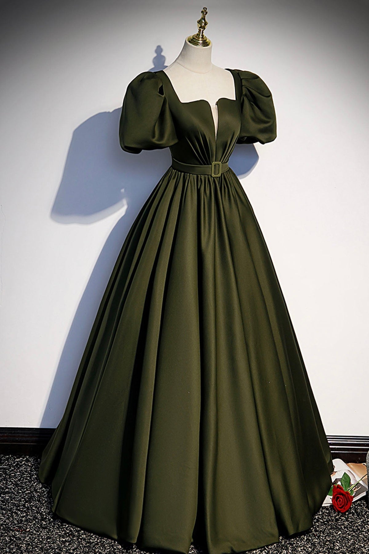 Green satin long prom dress A-line evening dress s87 - View 2 | VelvetHem