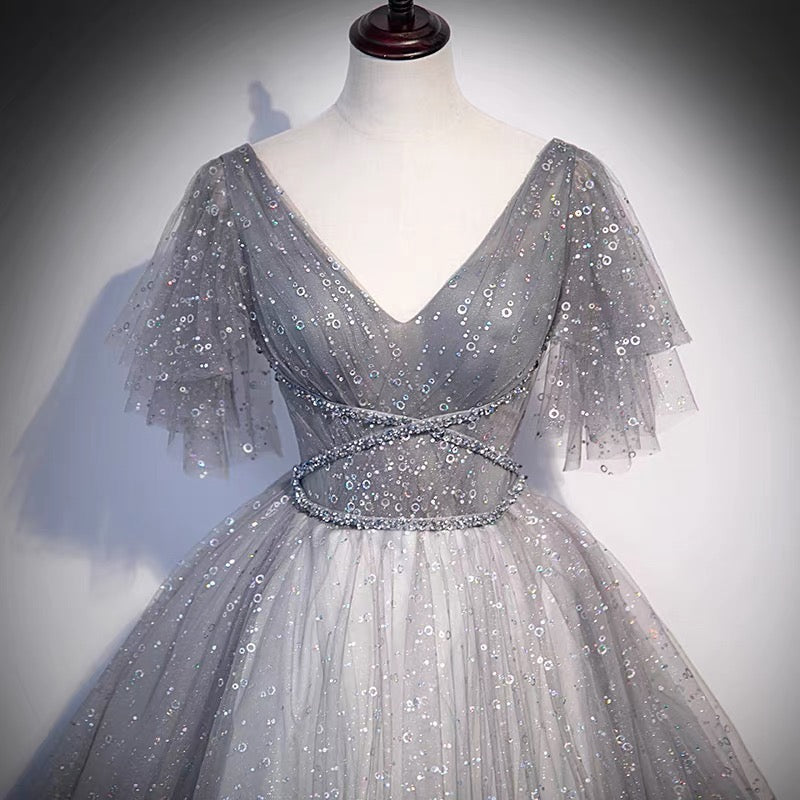 Gray tulle sequins long prom dress A line evening gown s65 - View 3 | VelvetHem