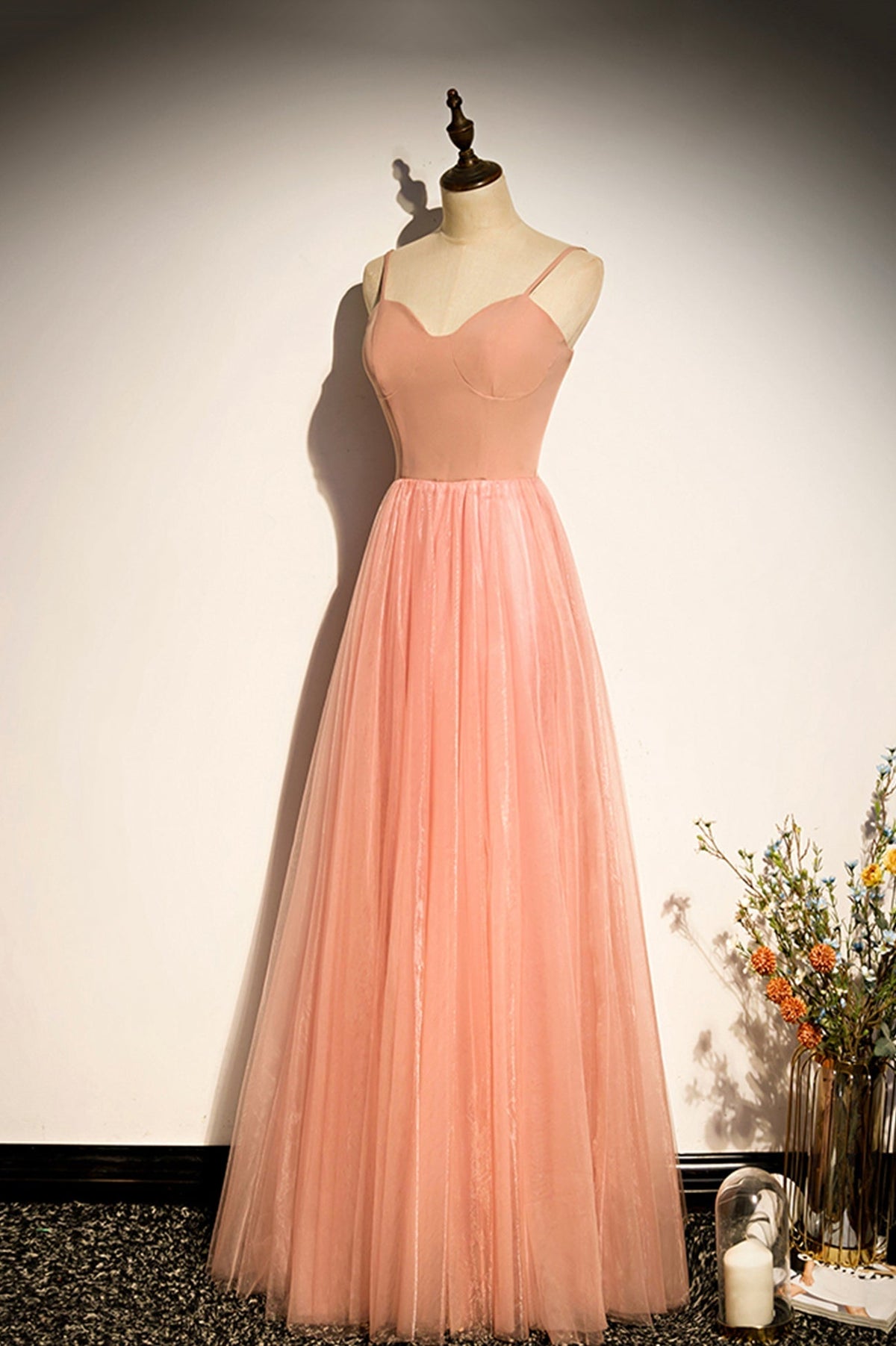 Pink tulle long prom dress A line evening dress s92 - View 3 | VelvetHem