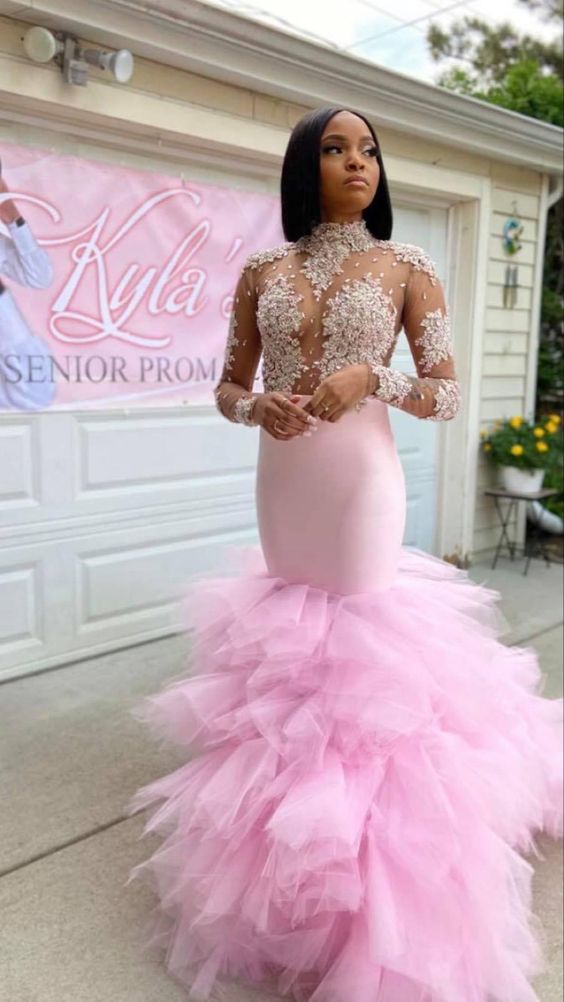 Pink Mermaid Long Prom Dress With Lace Elegant Evening Dress Senior Prom Dress