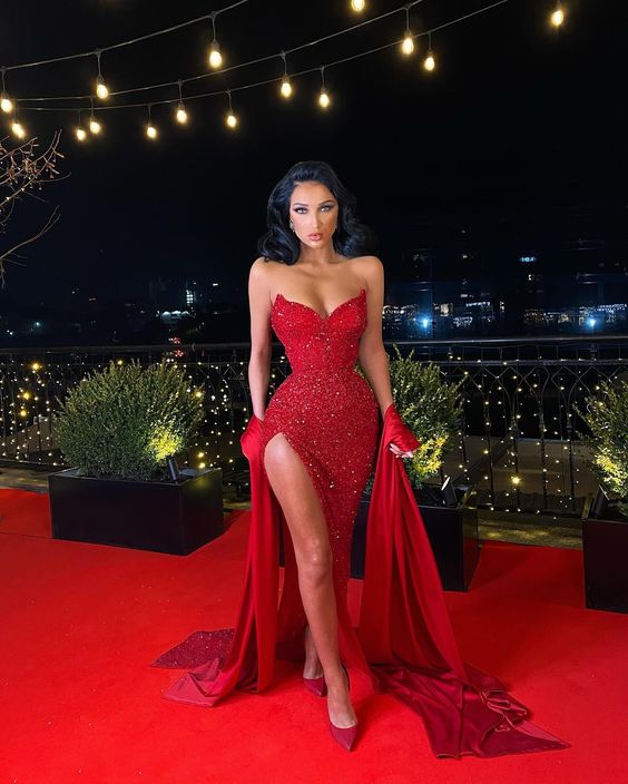 Red Sequins Mermaid Prom Dress Shiny Evening Dress With Side Slit
