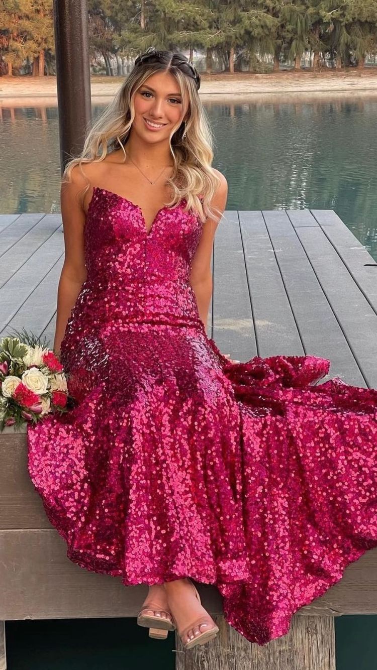 Strapless Fuchsia Sequins Long Prom Dress,Elegant Mermaid Evening Dress Y1876 - View 3 | VelvetHem