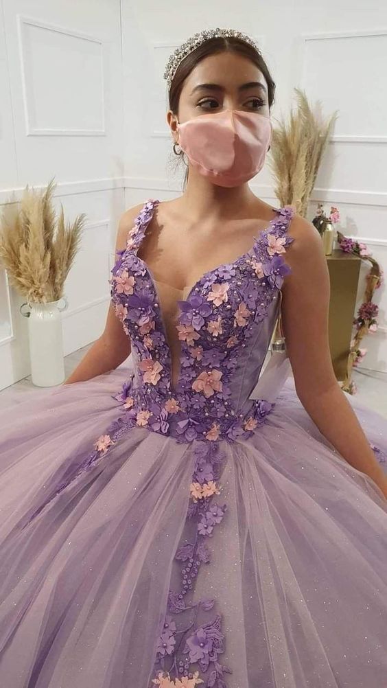 V Neck Tulle 3D Floral Flowers Ball Gown Sweet 16 Dress