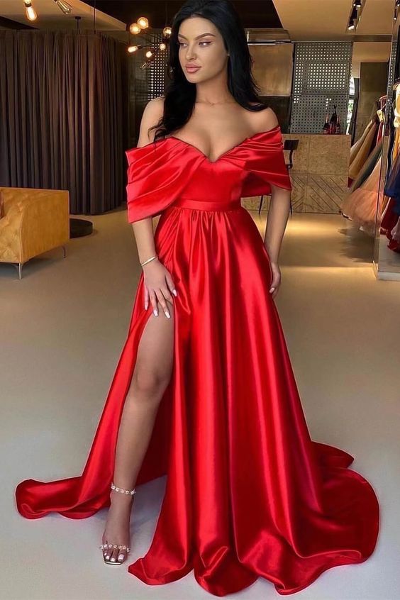 Red A Line Off The Shoulder Prom Dress Split