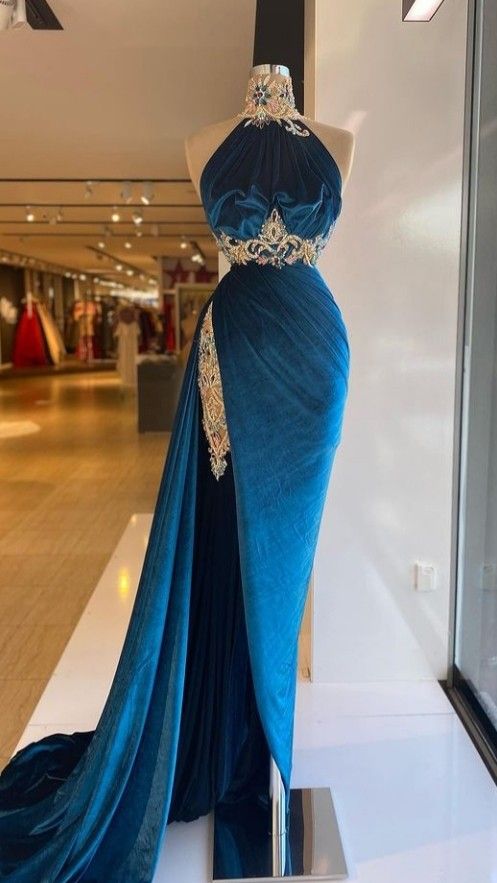 High Neck Velvet Evening Gown Stunning Prom Dress With Appliques