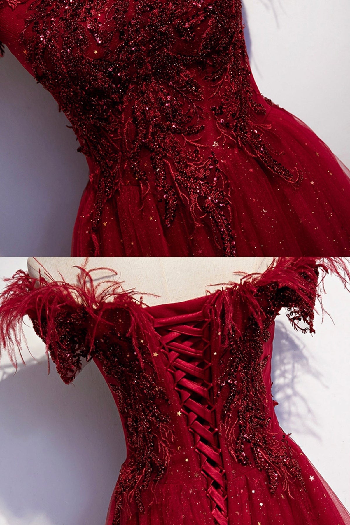 Burgundy tulle sequins long A line prom dress evening dress s69 - View 5 | VelvetHem