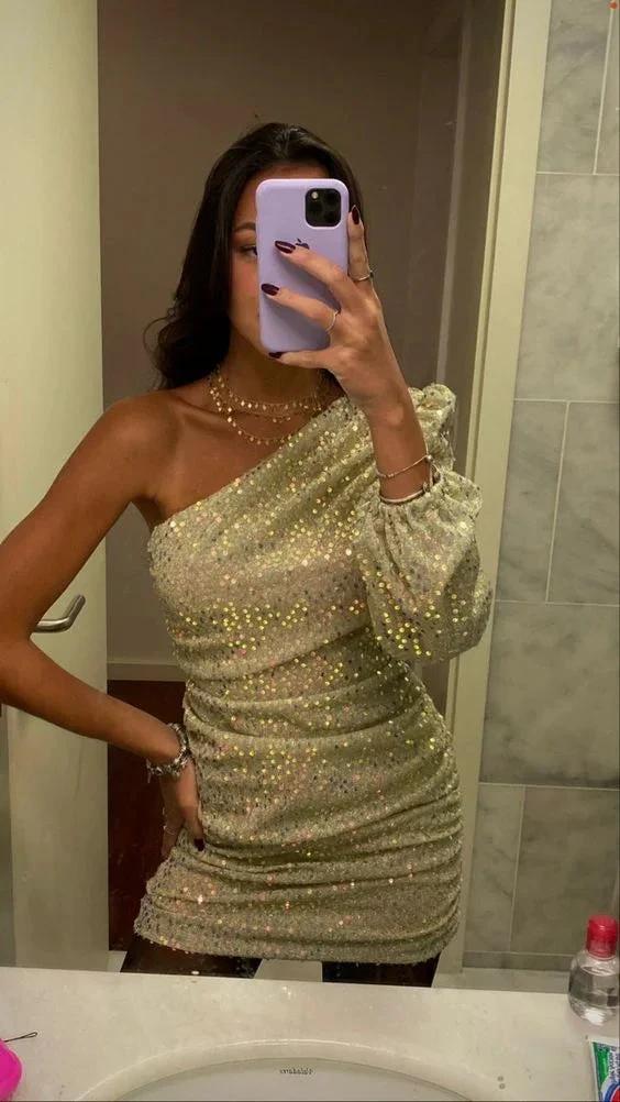 Sparkly One Shoulder Homecoming Dress Cute Party Dress (ZD12480)
