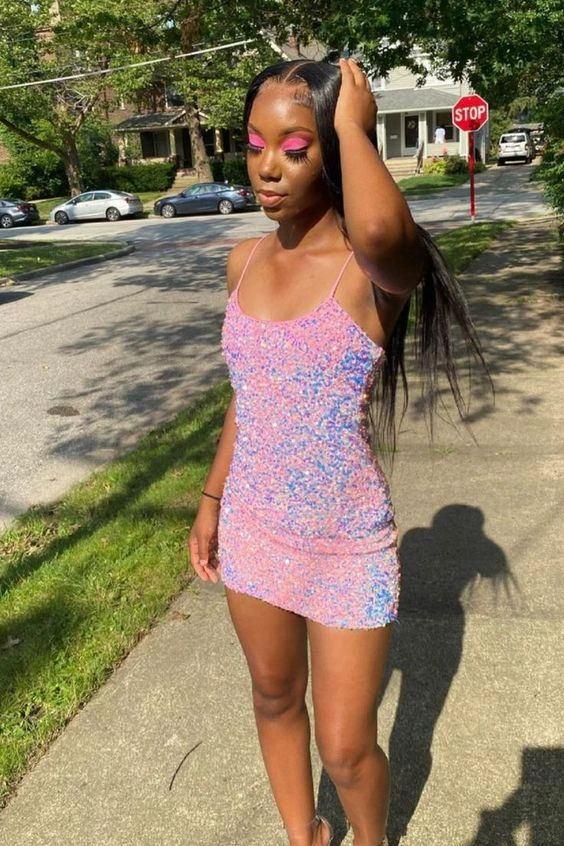 Cute Bodycon Straps Pink Short Sparkly Homecoming Dresses (ZD12477)