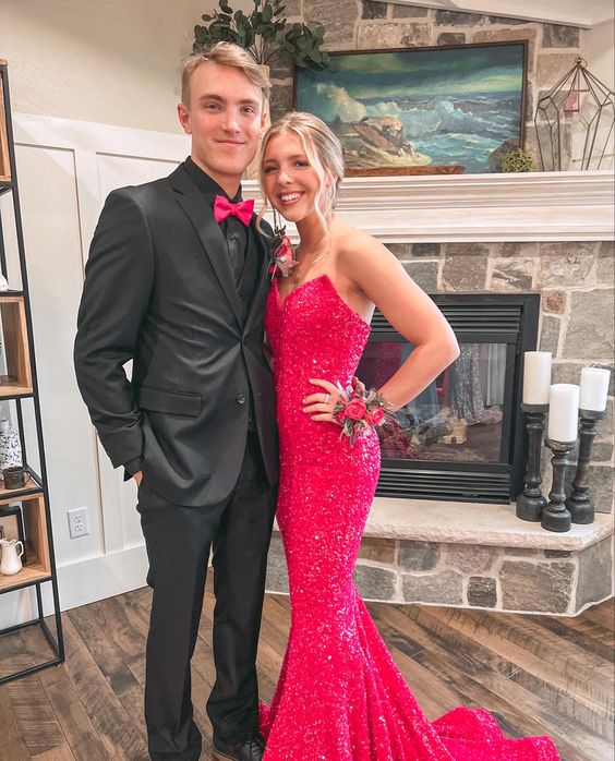 Hot Pink Mermaid Sequins Prom Dresses V-Neck Trumpet Long Prom Evening Dress Customized Size Y1284 - View 2 | VelvetHem