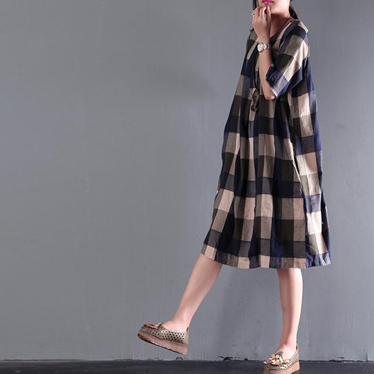 Fine Blue Gray Plaid Summer Dresses Loose Linen Sundresses Short Sleeve