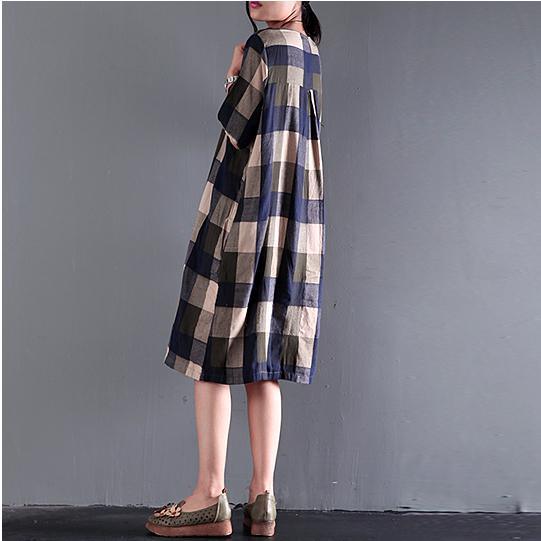 Fine Blue Gray Plaid Summer Dresses Loose Linen Sundresses Short Sleeve
