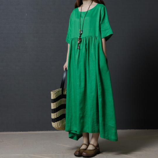 Fine Linen Green Women Summer Dresses Oversize Vintage Sundress O Neck Maxi Dress