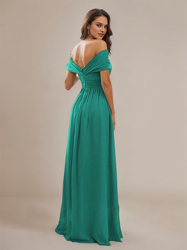 Aqua Blue A-Line Chiffon Ruched Off-the-Shoulder Sleeveless Floor-Length Bridesmaid Dresses