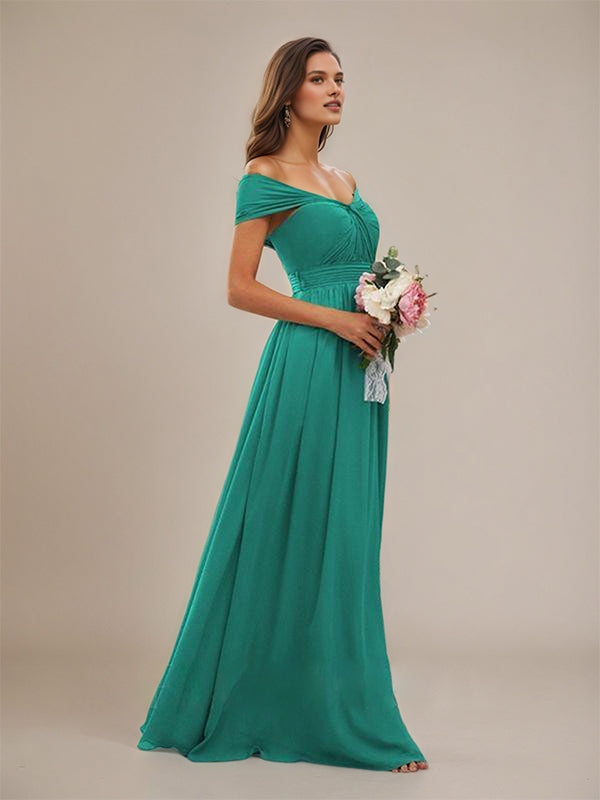 Aqua Blue A-Line Chiffon Ruched Off-the-Shoulder Sleeveless Floor-Length Bridesmaid Dresses