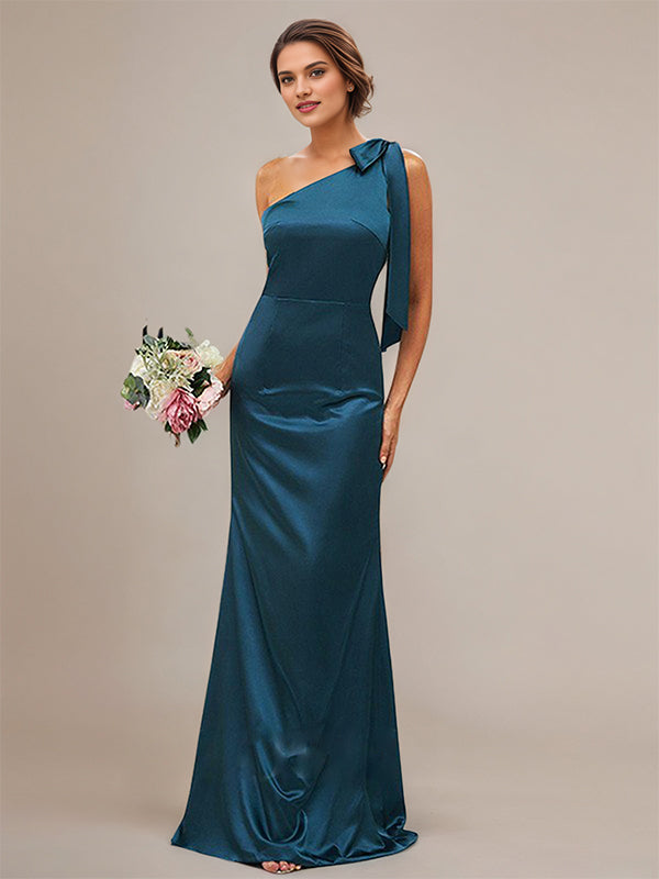 Ink Blue Sheath/Column Satin Bowknot One-Shoulder Sleeveless Floor-Length Bridesmaid Dresses