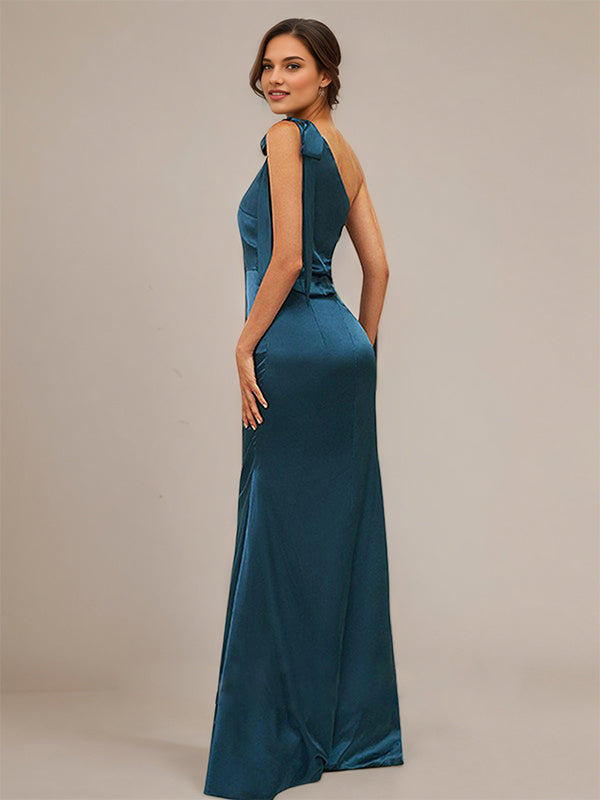 Ink Blue Sheath/Column Satin Bowknot One-Shoulder Sleeveless Floor-Length Bridesmaid Dresses