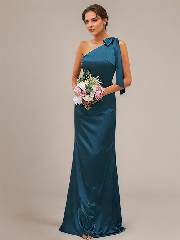 Ink Blue Sheath/Column Satin Bowknot One-Shoulder Sleeveless Floor-Length Bridesmaid Dresses