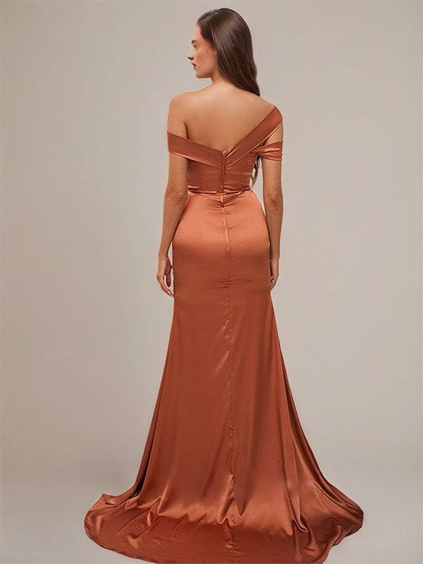 Orange Ballad Satin Sheath/Column Off-the-Shoulder Sleeveless Floor Length Bridesmaid Dresses