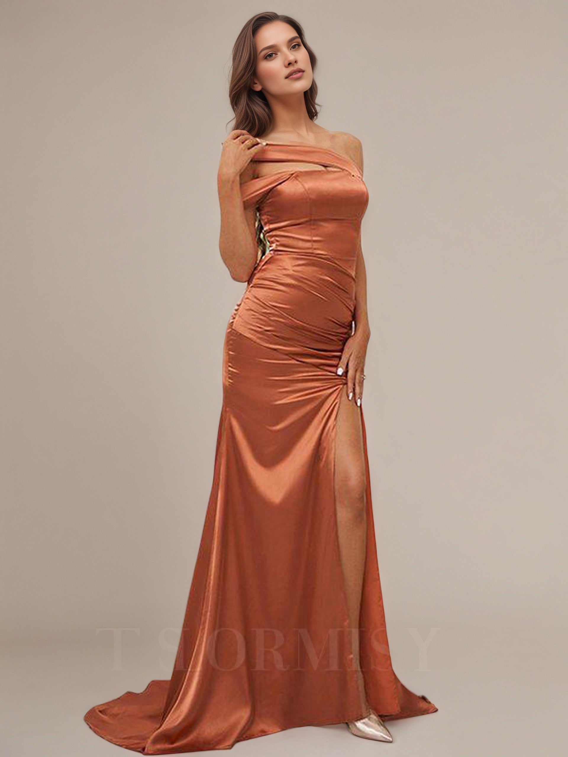 Orange Ballad Satin Sheath/Column Off-the-Shoulder Sleeveless Floor Length Bridesmaid Dresses