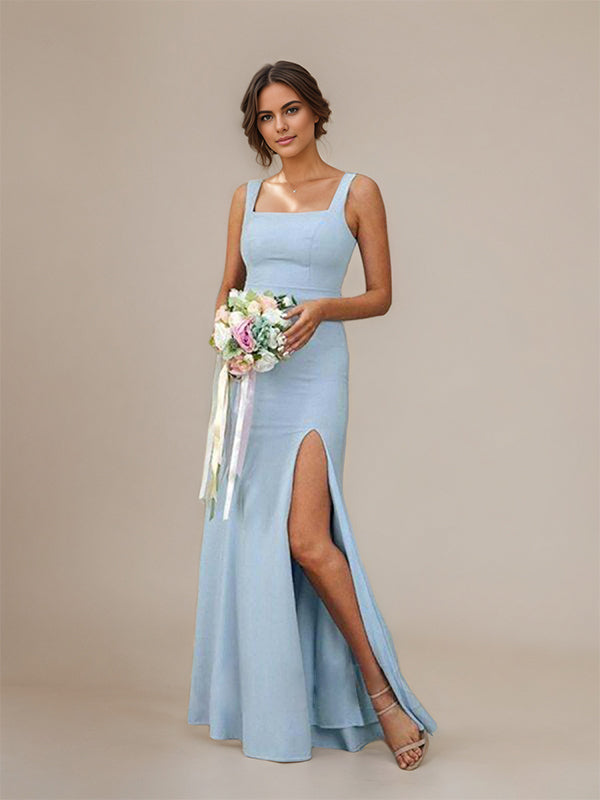 Sky Blue Sheath/Column Square Neck Sleeveless Floor Length Chiffon Bridesmaid Dress