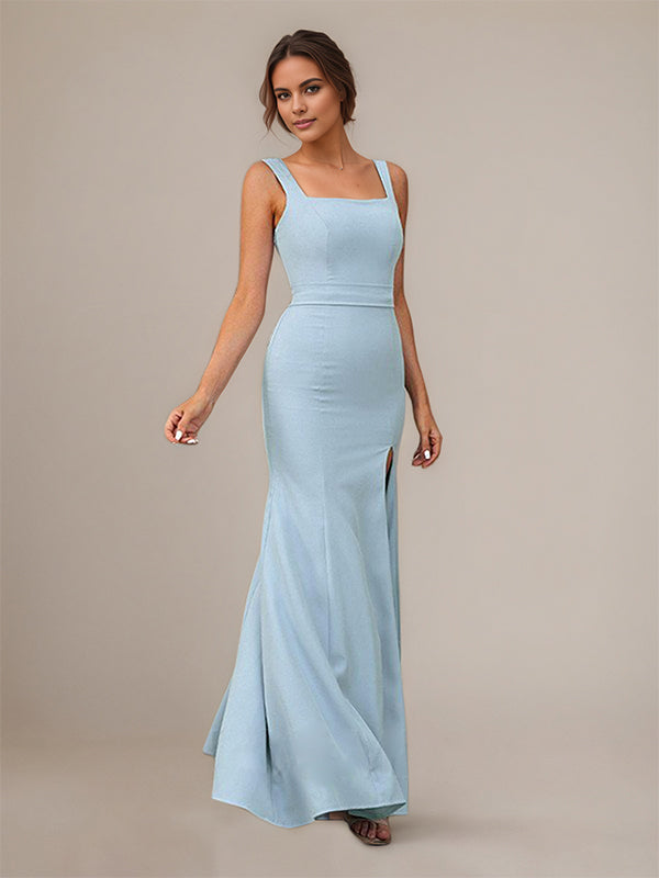 Sky Blue Sheath/Column Square Neck Sleeveless Floor Length Chiffon Bridesmaid Dress