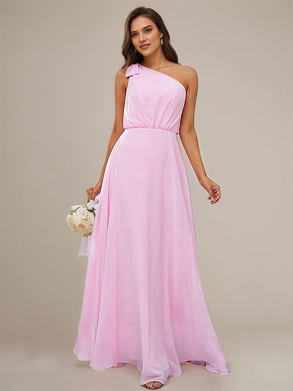 Pink A-Line Chiffon Bowknot One Shoulder Sleeveless Floor-Length Bridesmaid Dresses