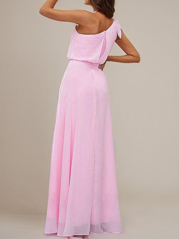 Pink A-Line Chiffon Bowknot One Shoulder Sleeveless Floor-Length Bridesmaid Dresses