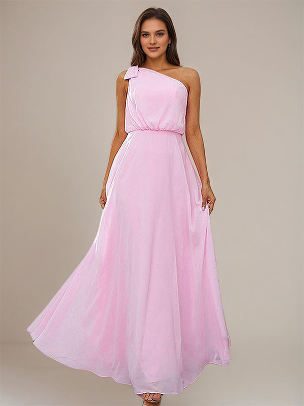 Pink A-Line Chiffon Bowknot One Shoulder Sleeveless Floor-Length Bridesmaid Dresses