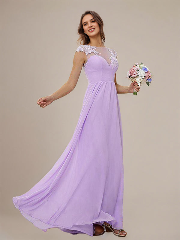 Lilac A-Line Chiffon Applique Scoop Short Sleeves Floor-Length Bridesmaid Dresses