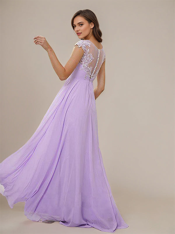 Lilac A-Line Chiffon Applique Scoop Short Sleeves Floor-Length Bridesmaid Dresses