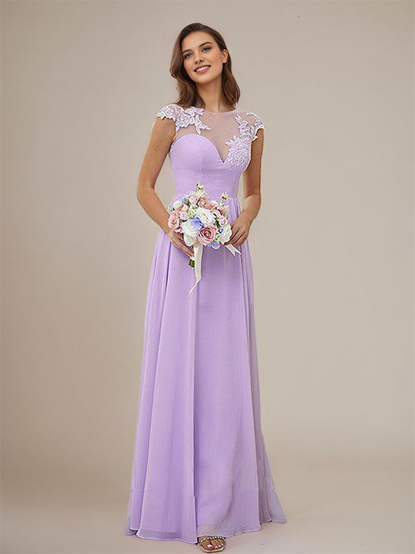 Lilac A-Line Chiffon Applique Scoop Short Sleeves Floor-Length Bridesmaid Dresses