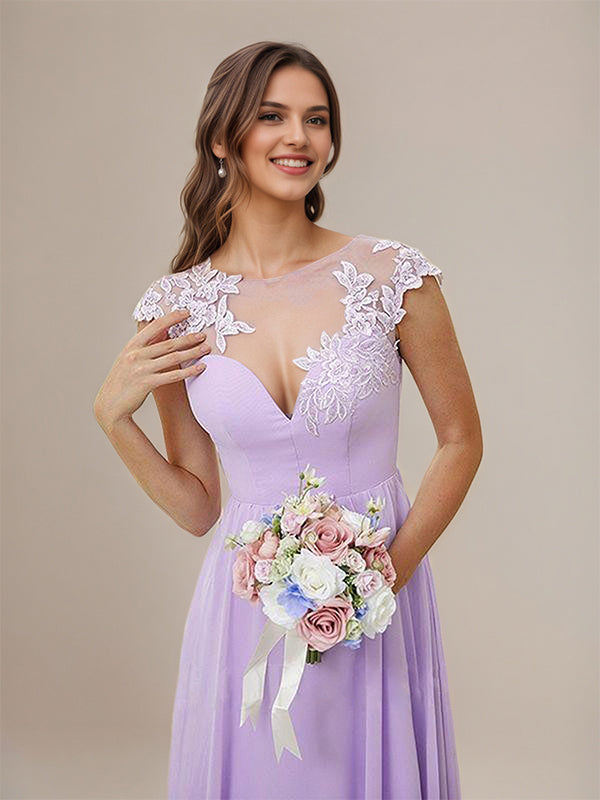 Lilac A-Line Chiffon Applique Scoop Short Sleeves Floor-Length Bridesmaid Dresses