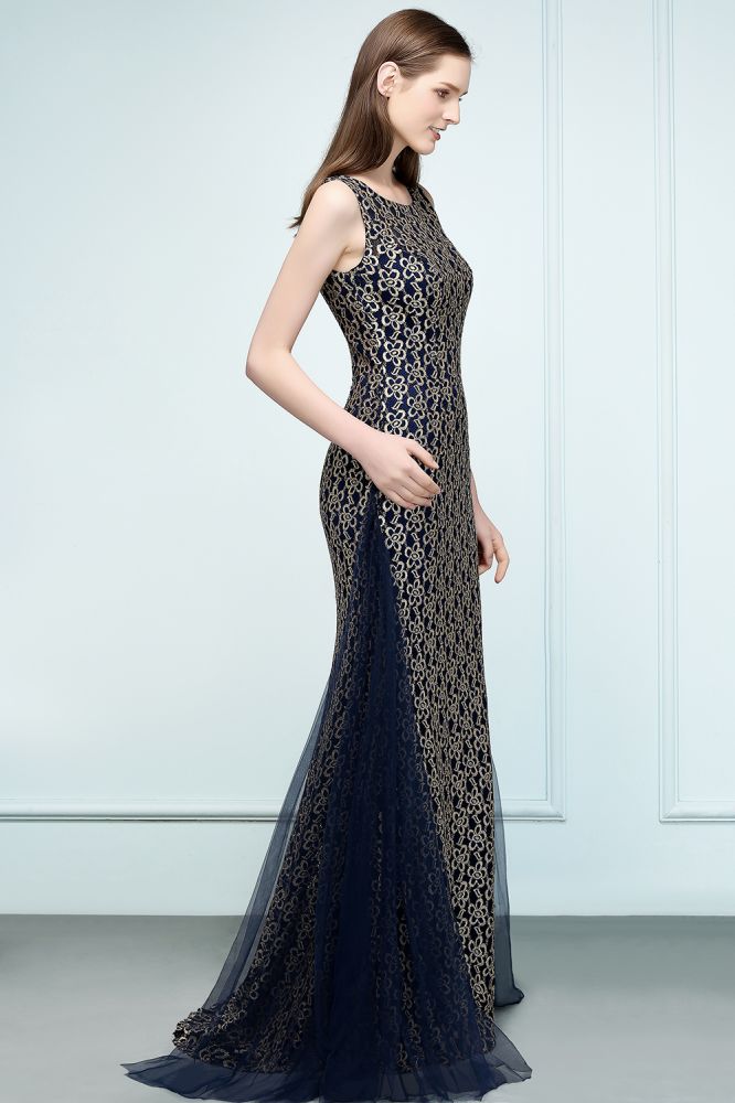 Floor Length Gold Mermaid Sleevless Crew Lace Prom Dresses - View 3 | VelvetHem
