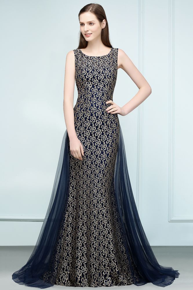 Floor Length Gold Mermaid Sleevless Crew Lace Prom Dresses - View 5 | VelvetHem