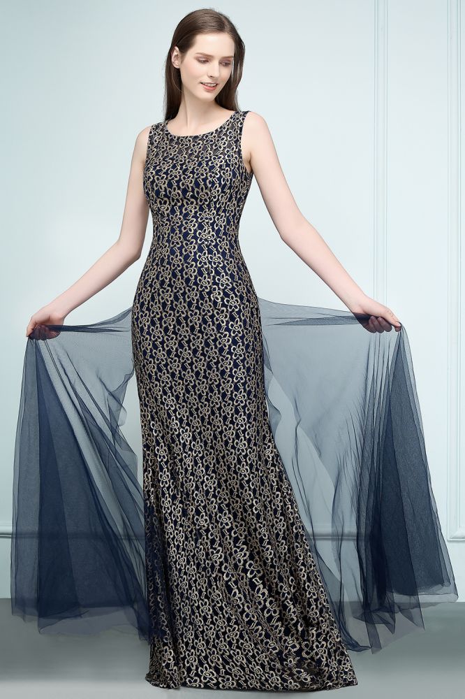 Floor Length Gold Mermaid Sleevless Crew Lace Prom Dresses - View 9 | VelvetHem