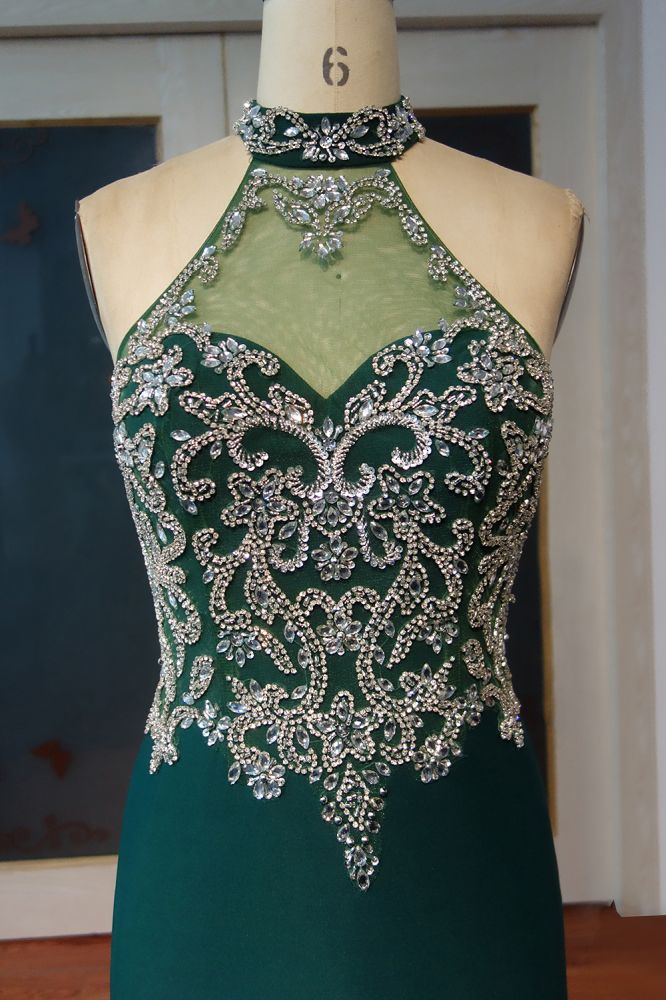 Floor Length Mermaid Halter Crystal Beading Prom Dresses - View 3 | VelvetHem