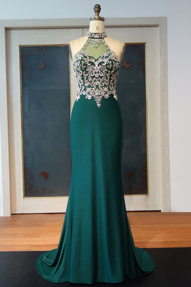 Floor Length Mermaid Halter Crystal Beading Prom Dresses - VelvetHem