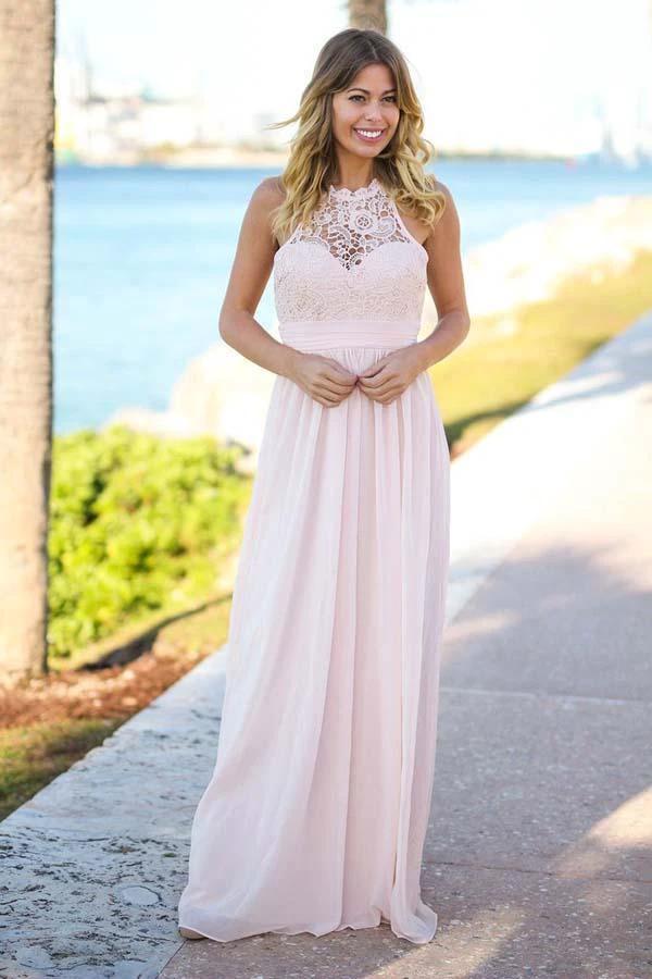 Floor-Length Open Back Pink Chiffon Bridesmaid Dress with Lace (ZD13211)
