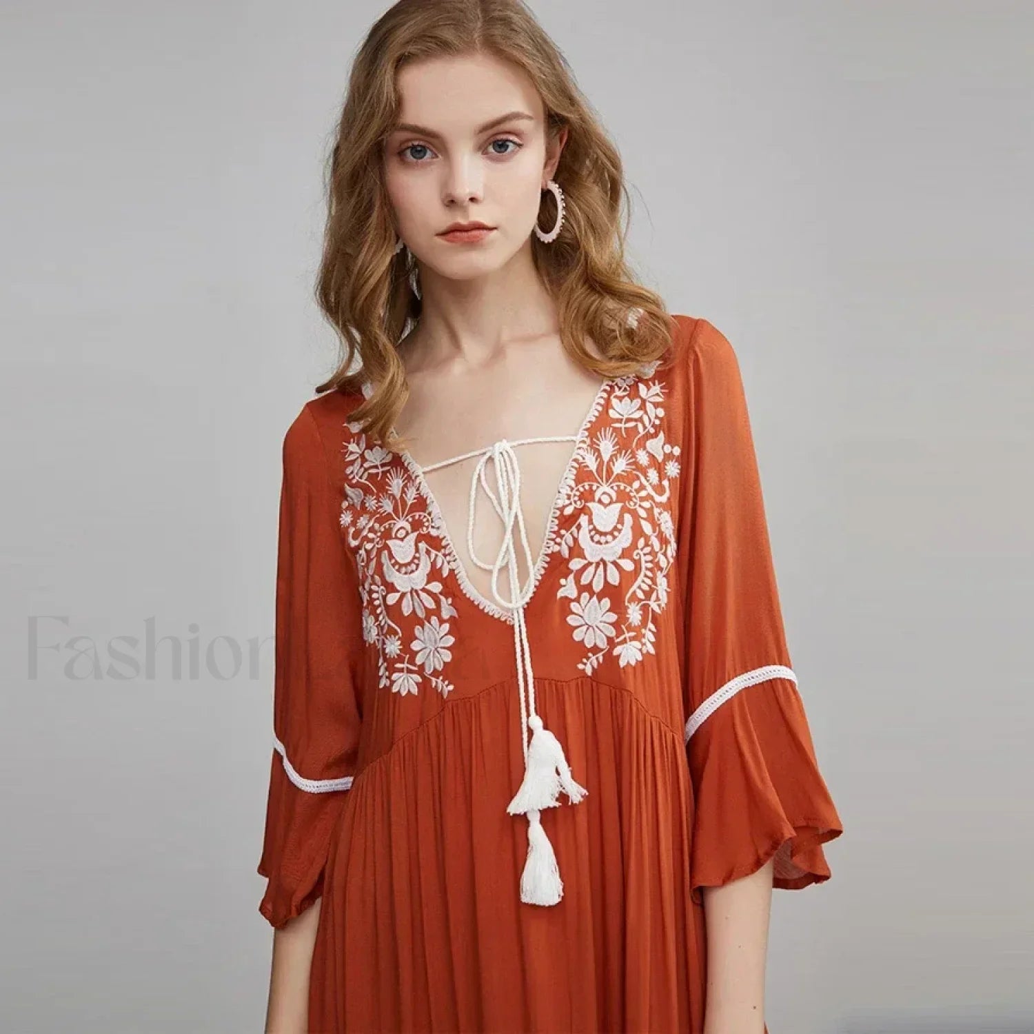 Floral Flare-Sleeve Boho Dress