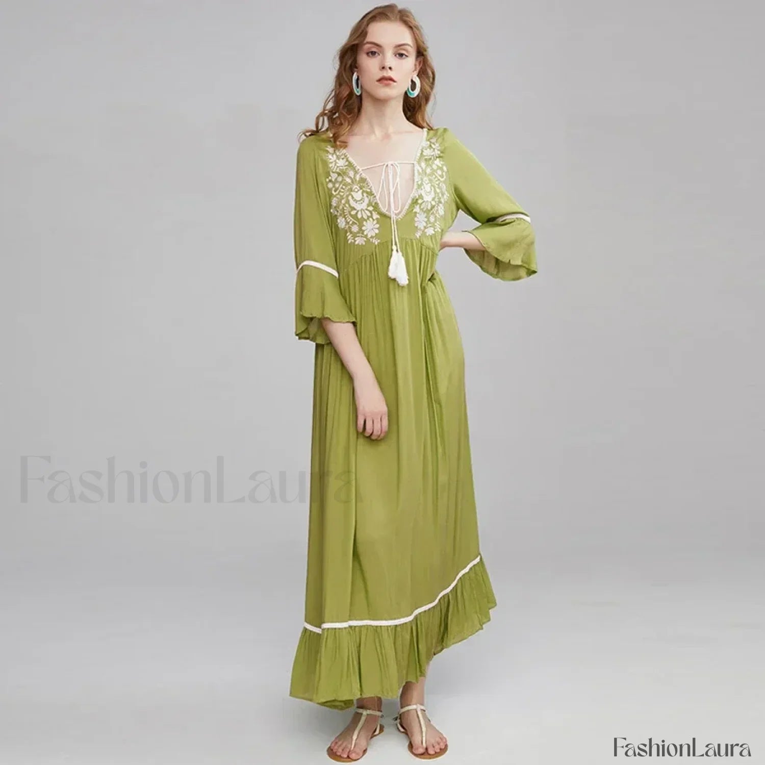 Floral Flare-Sleeve Boho Dress