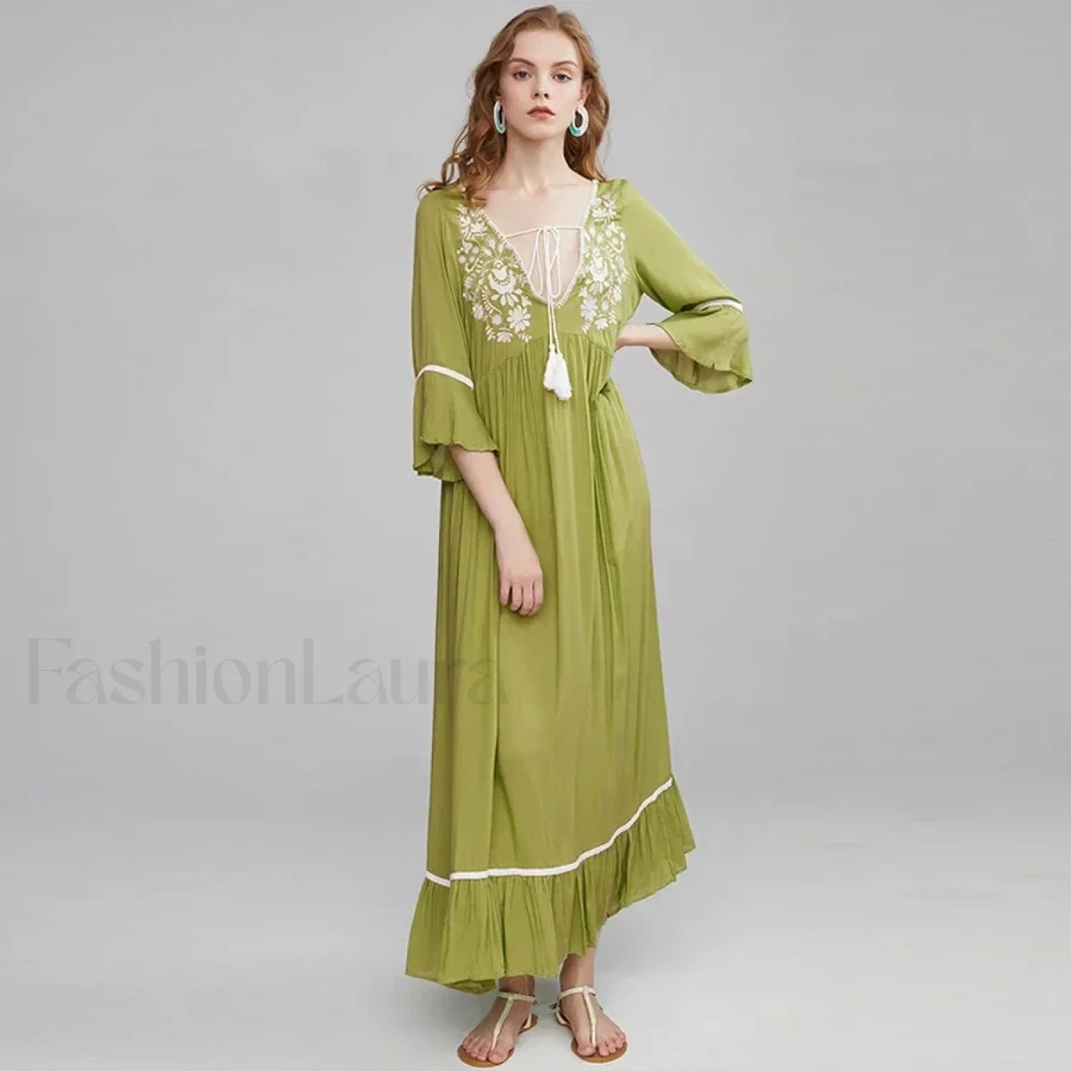 Floral Flare-Sleeve Boho Dress