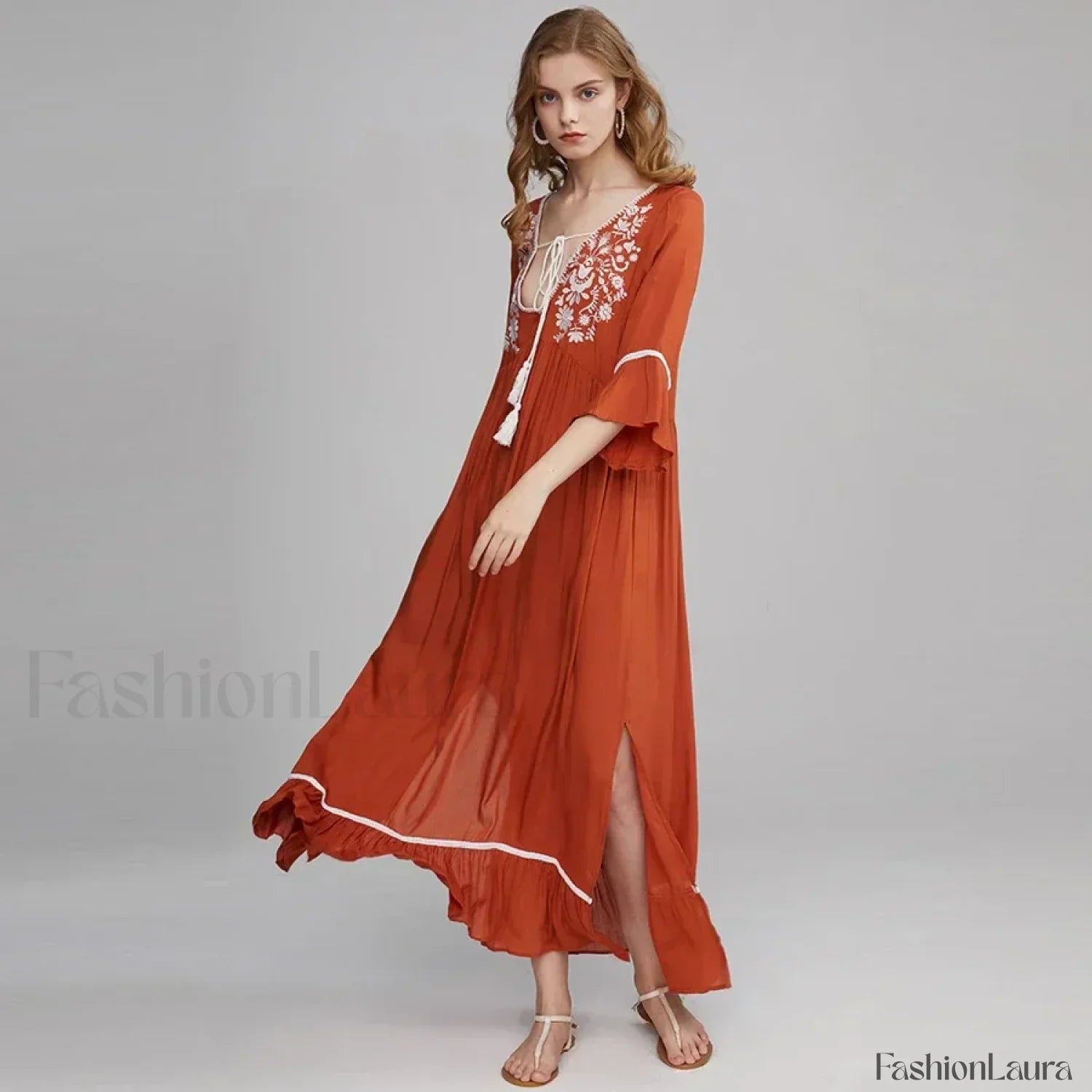 Floral Flare-Sleeve Boho Dress