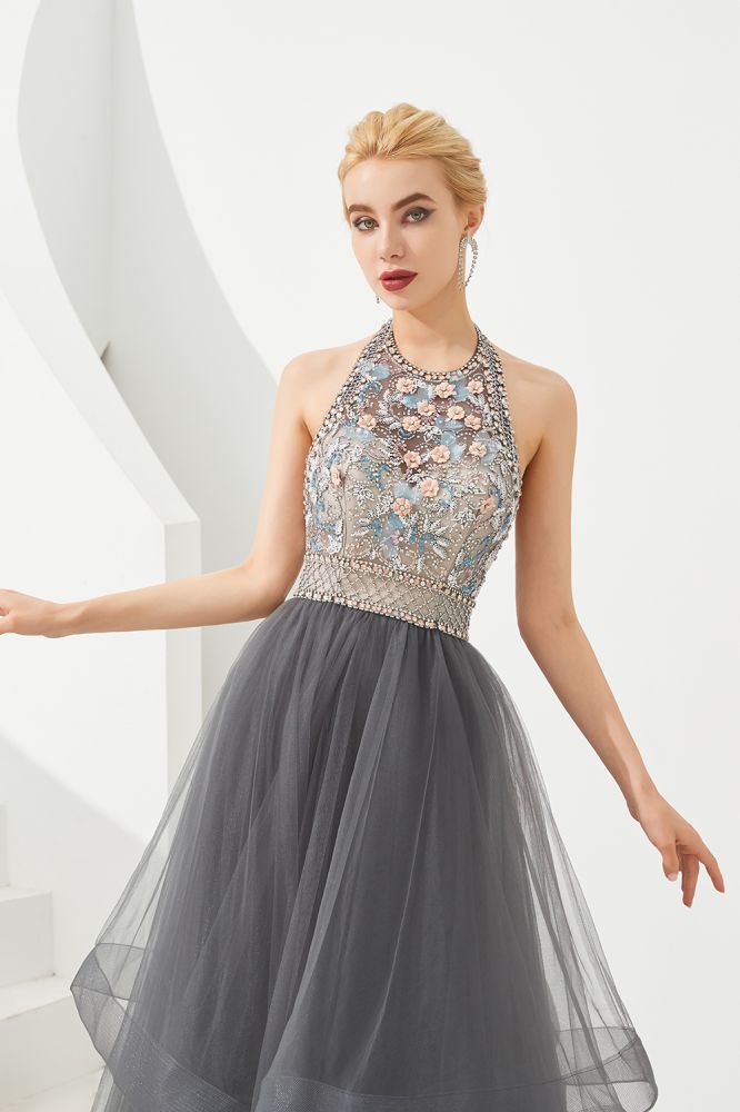 Floral Halter Evening Dress with Sparkle Beads Trendy Gray Mother of the bride Dress with watermelon and blue decorations
