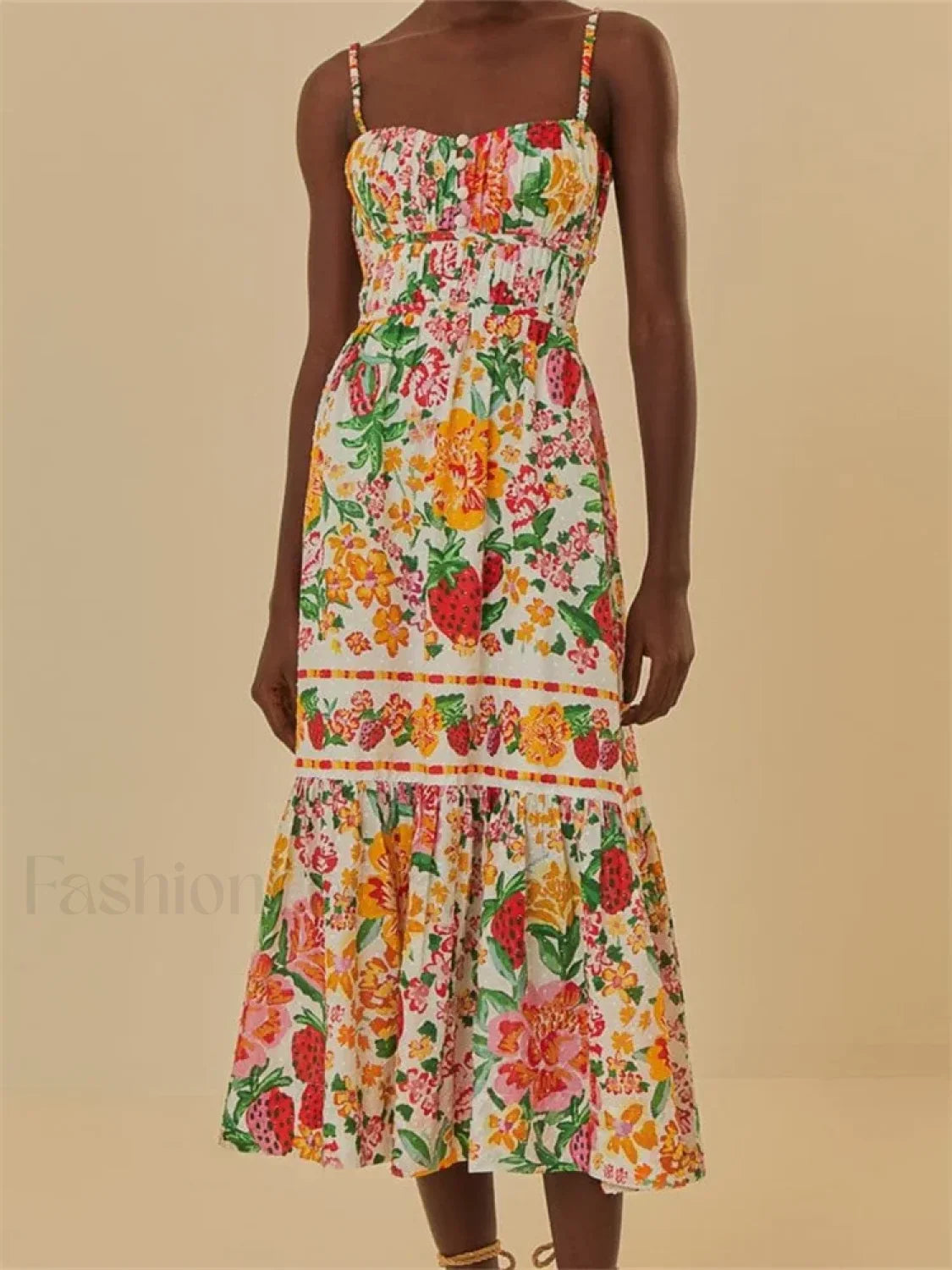 Floral Ruched Button Strap Maxi Dress orange2 / S
