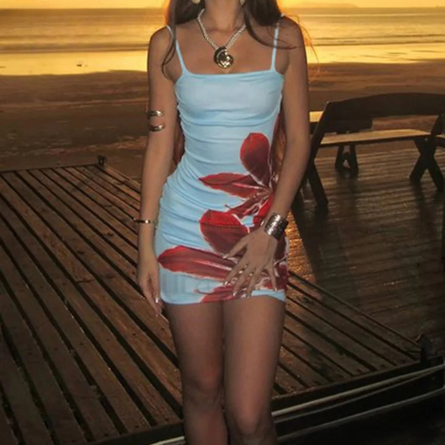 Floral Strap Sleeveless Mini Dress Blue / S