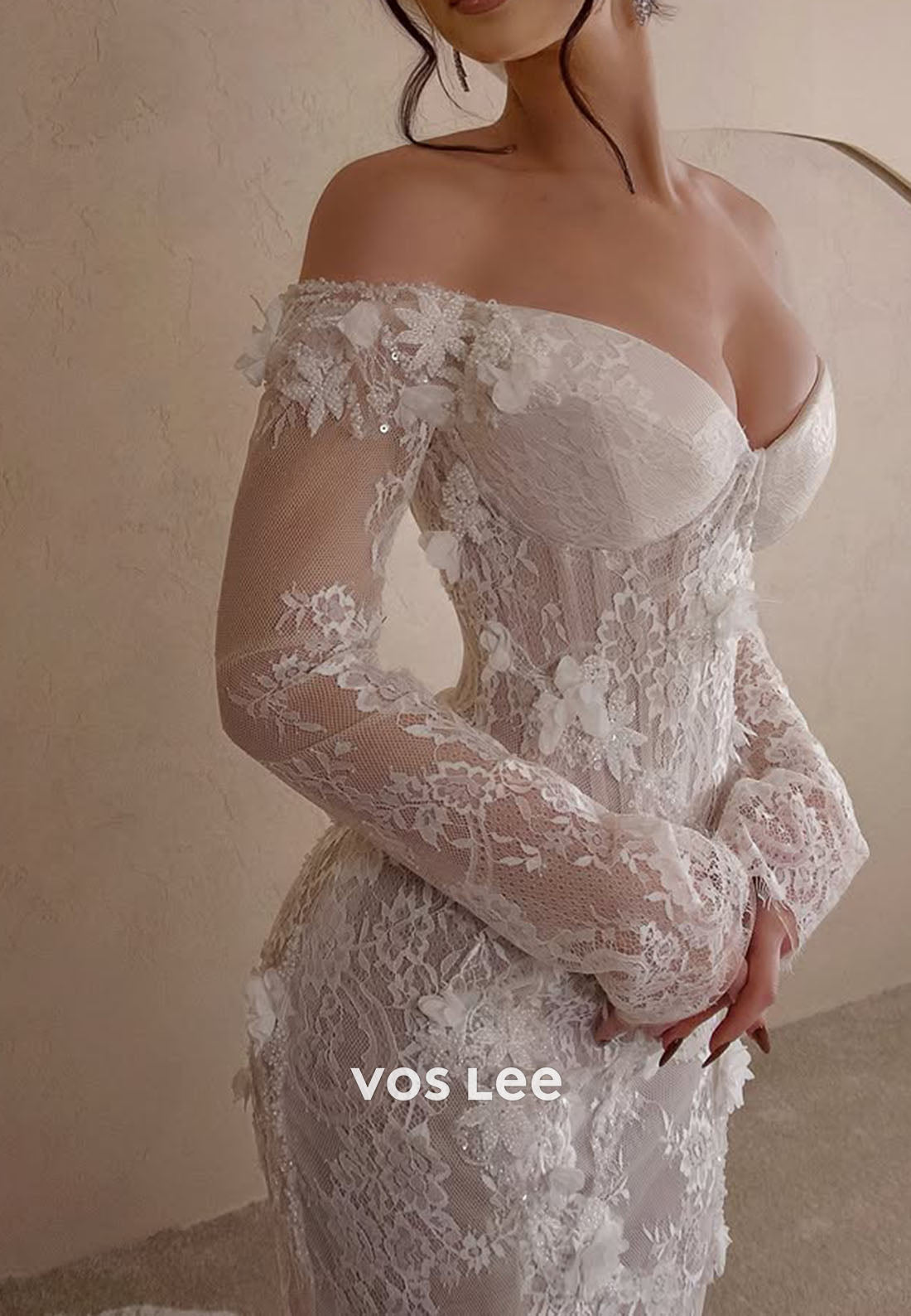 3D Floral Sheer Lace Wedding Dress Off-Shoulder Mermaid Bridal Gown
