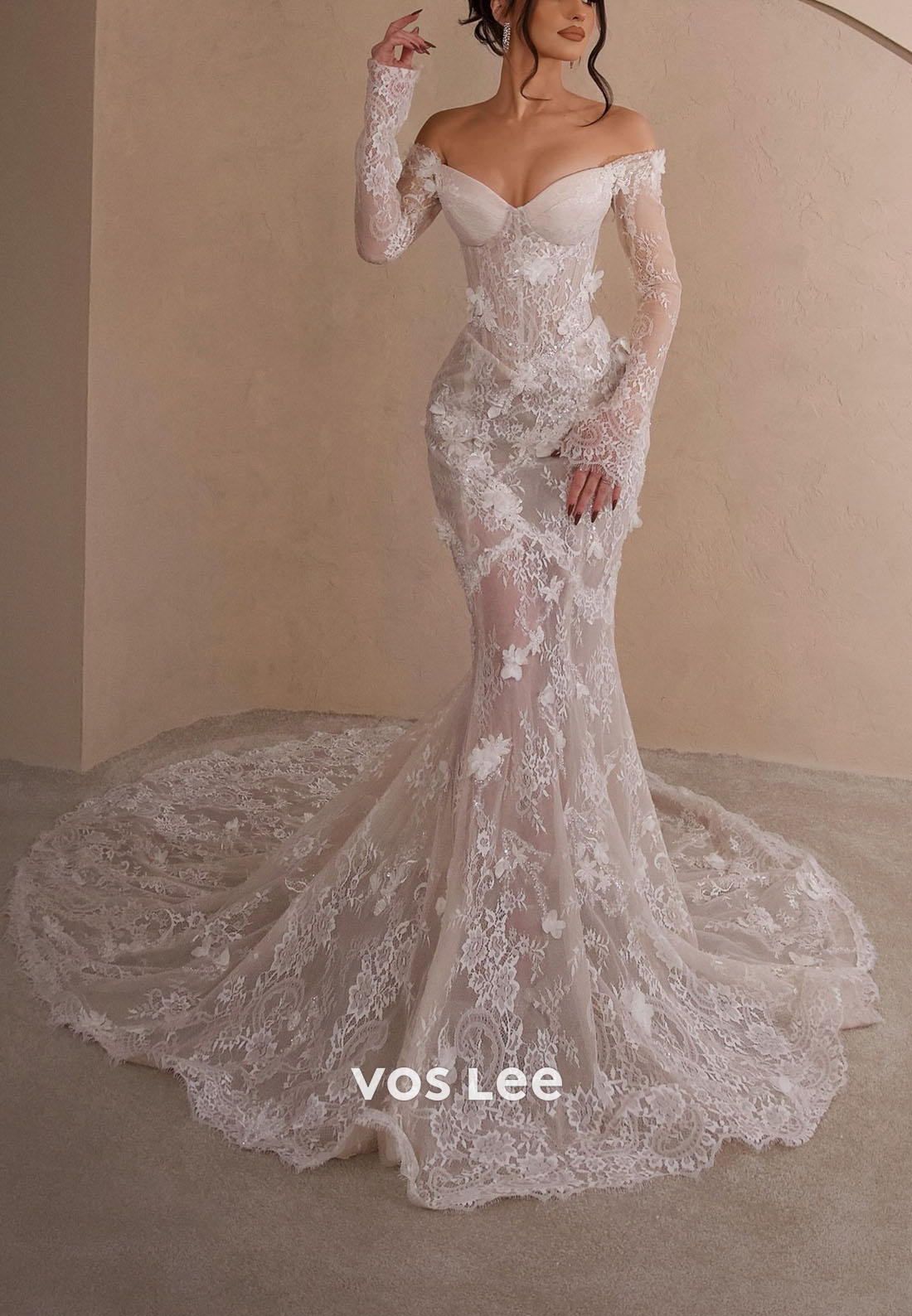 3D Floral Sheer Lace Wedding Dress Off-Shoulder Mermaid Bridal Gown